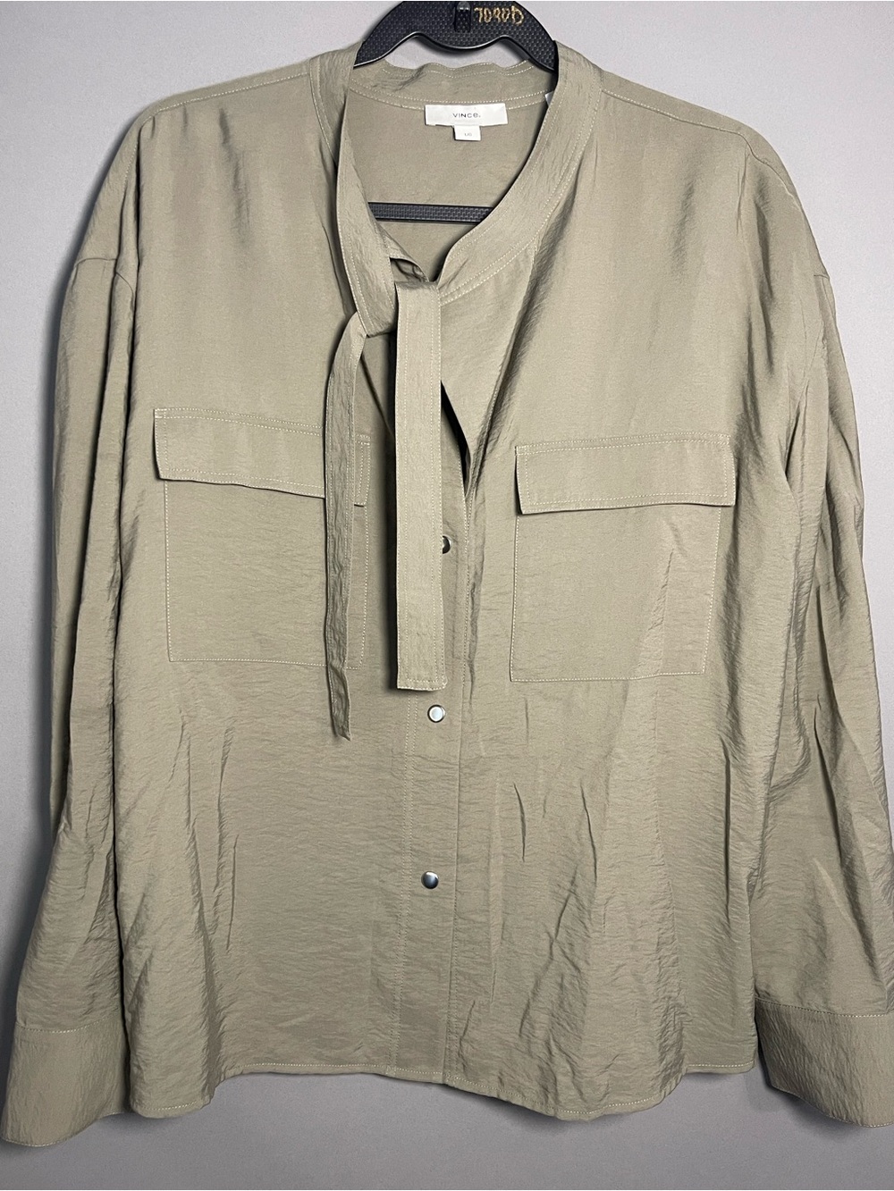 Vince Large Sage Green Tie Neck Blouse Ecovero Viscose Utility Pocket Top